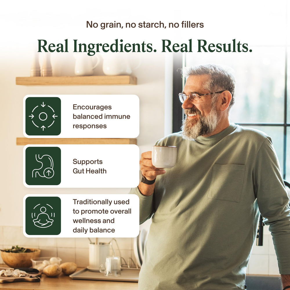 Real Mushrooms etiqueta con datos de beta-glucanos y certificaciones