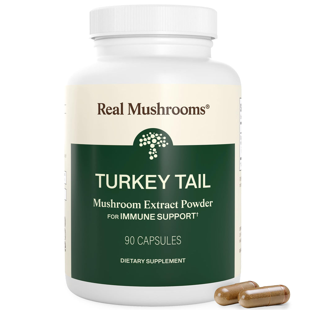 Real Mushrooms frasco frontal mostrando etiqueta USDA Organic y beneficios