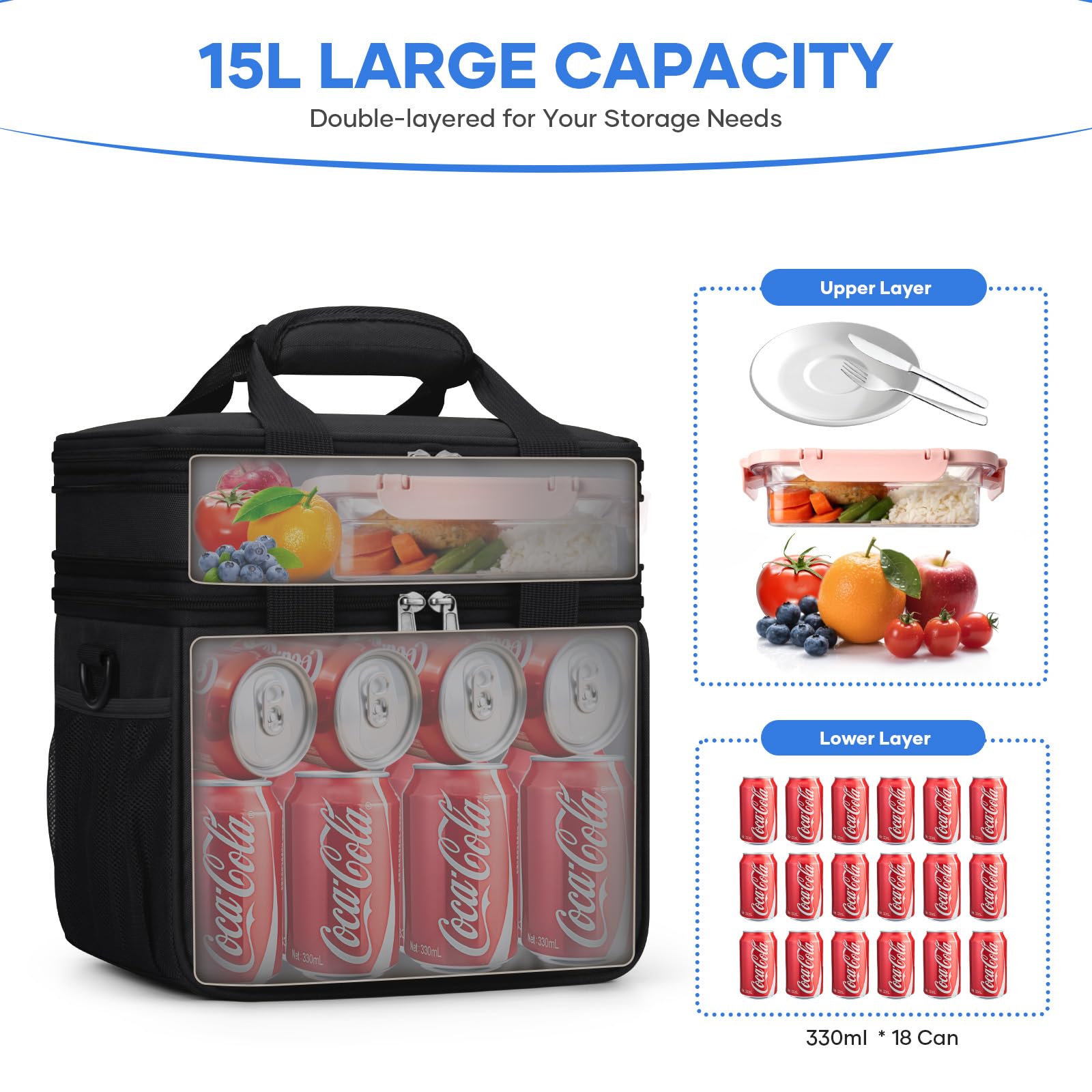 RealCool bolsa abierta mostrando doble nivel para comidas y bebidas