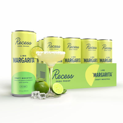 Recess can front view showing lime margarita label and ready-to-drink benefit