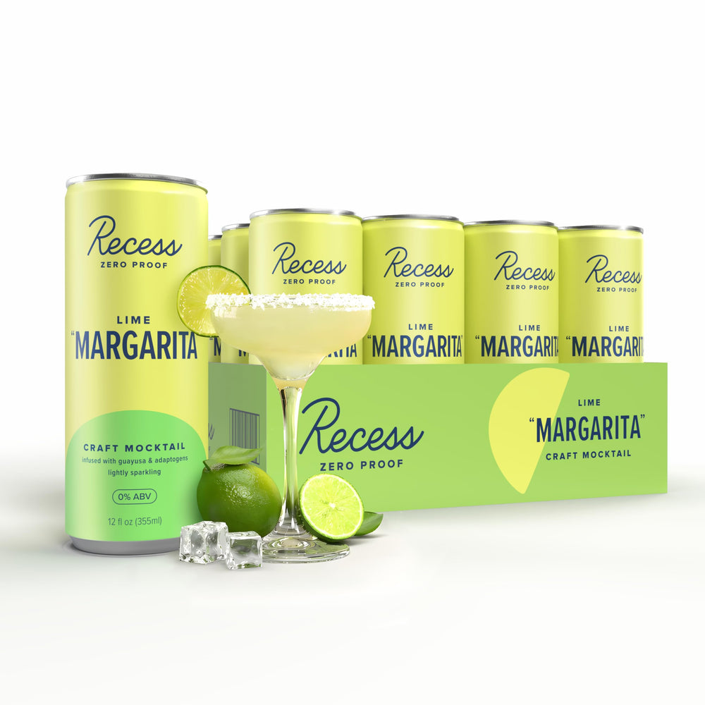 Recess can front view showing lime margarita label and ready-to-drink benefit