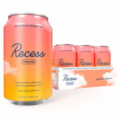 Recess pack frontal pomelo mandarina mostrando 12 latas, perfecta para abastecerse