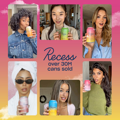 Twelve-pack of Recess cans displayed for scale and pantry-ready convenience benefit