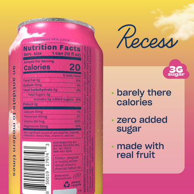 Close-up of Recess label highlighting ingredients and clean design benefit