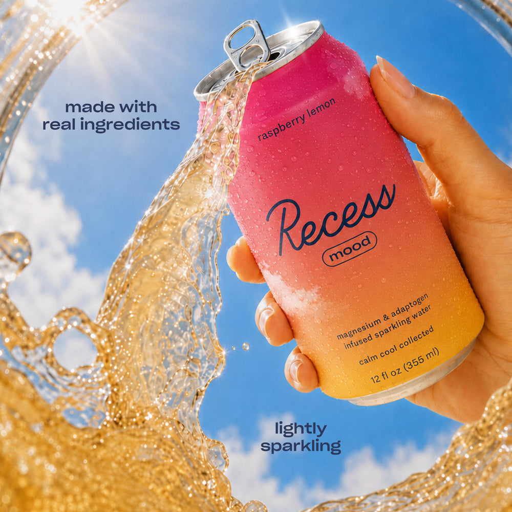 Fresh raspberries and lemon with Recess can showing real fruit sourcing benefit