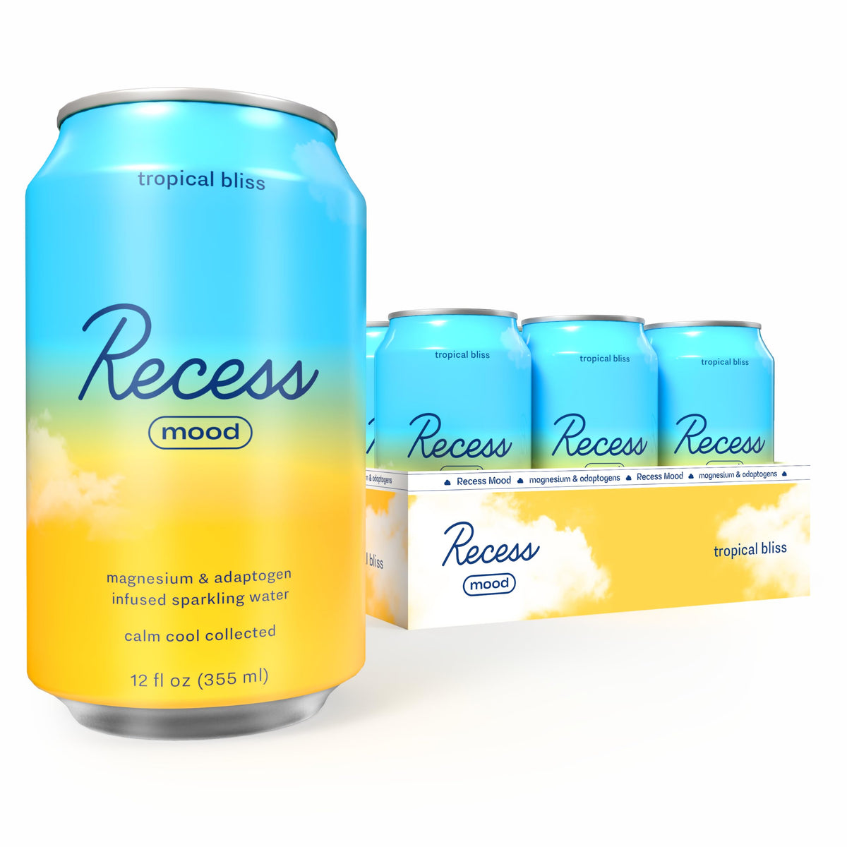 Recess Tropical Bliss vista frontal mostrando 12 latas, ideal para reuniones