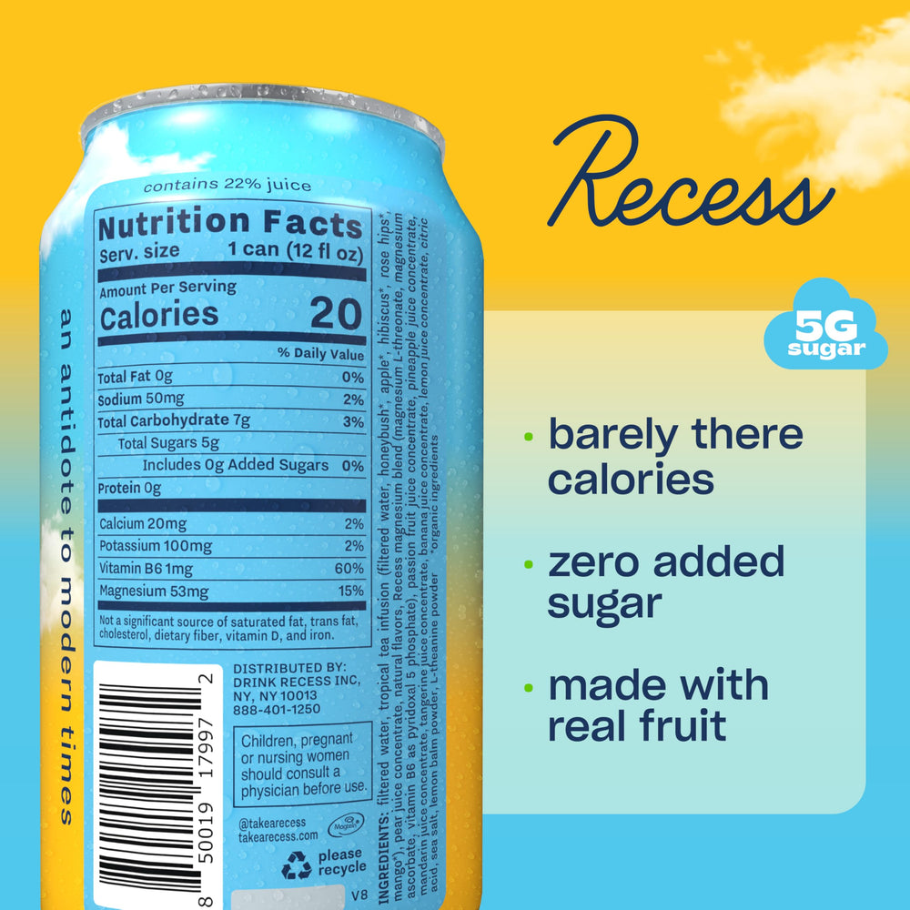 Recess lata Tropical Bliss primer plano del brillo y textura gaseosa