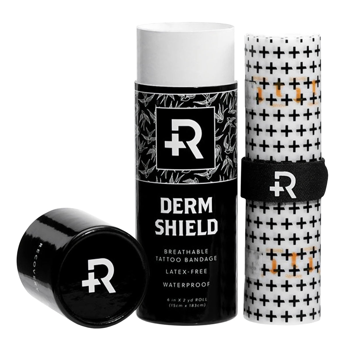 Recovery Aftercare empaque frontal del rollo protegiendo tatuajes visible y claro