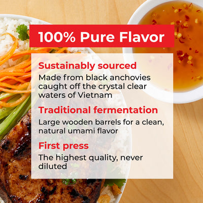 Red Boat etiqueta en primer plano que destaca ingredientes simples y naturales