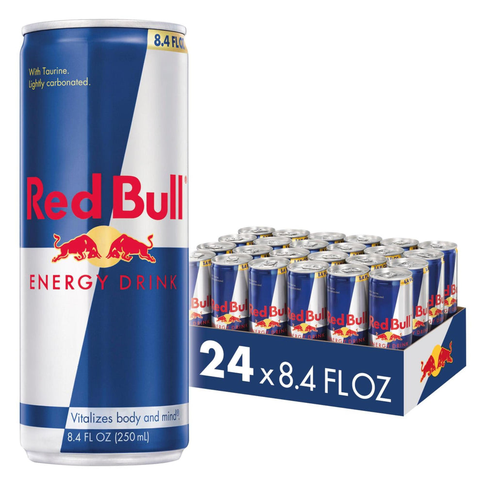 Red Bull front can view showing logo and serving size, practical portable boost