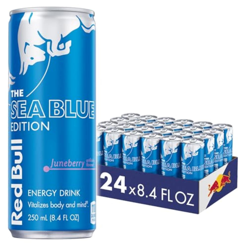 Red Bull Juneberry lata al frente mostrando diseño Sea Blue y beneficio energético