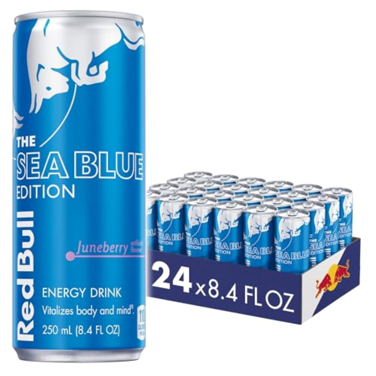 Red Bull Juneberry lata al frente mostrando diseño Sea Blue y beneficio energético