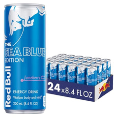 Red Bull Juneberry lata al frente mostrando diseño Sea Blue y beneficio energético
