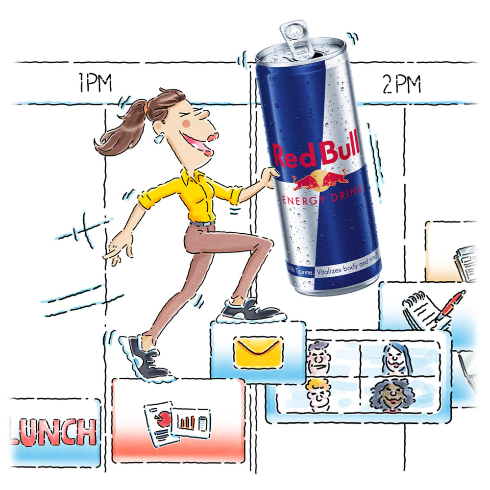 Red Bull lata con ángulo que resalta la marca y la hidratación rápida