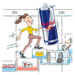 Red Bull lata con ángulo que resalta la marca y la hidratación rápida