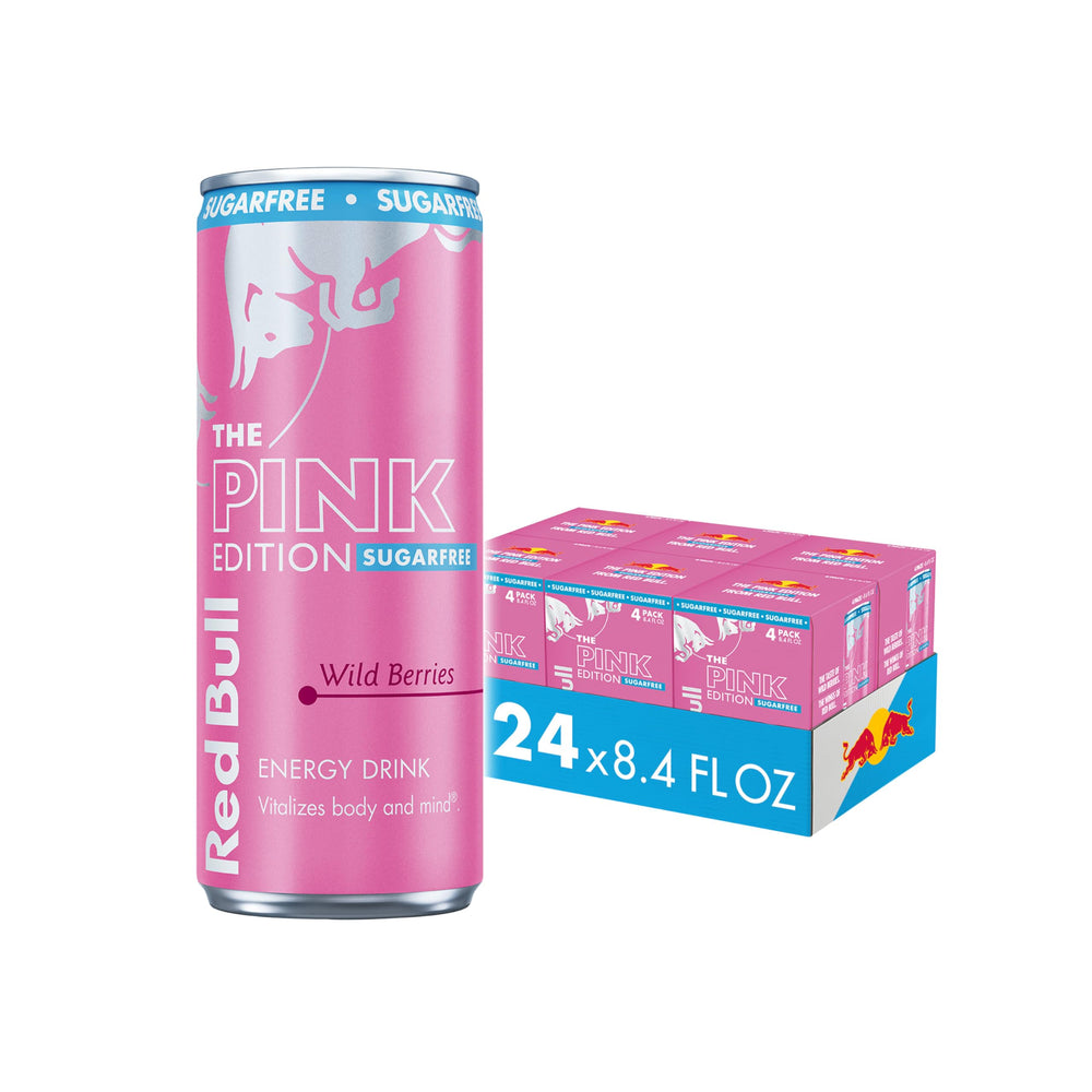Red Bull lata Pink edición frontal mostrando sabor Wild Berries y conveniencia