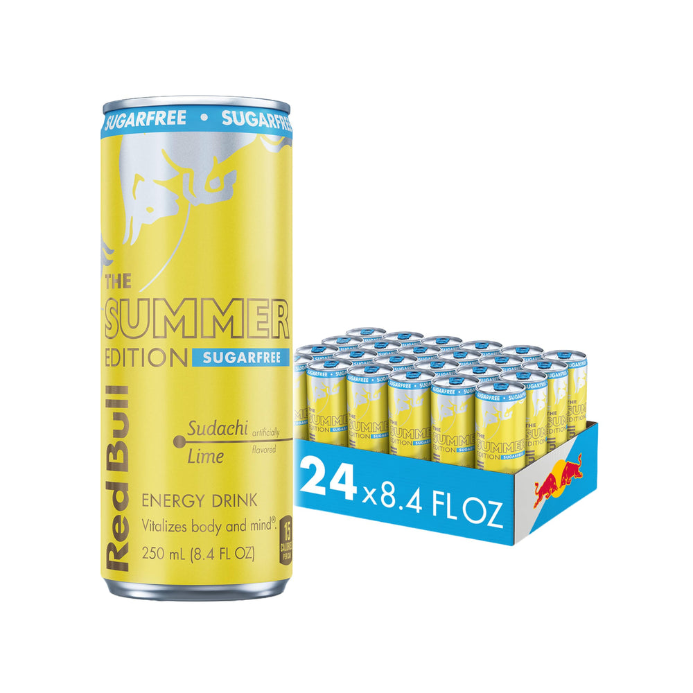Red Bull sugarfree Sudachi Lime front can showing refreshing citrus branding and portability