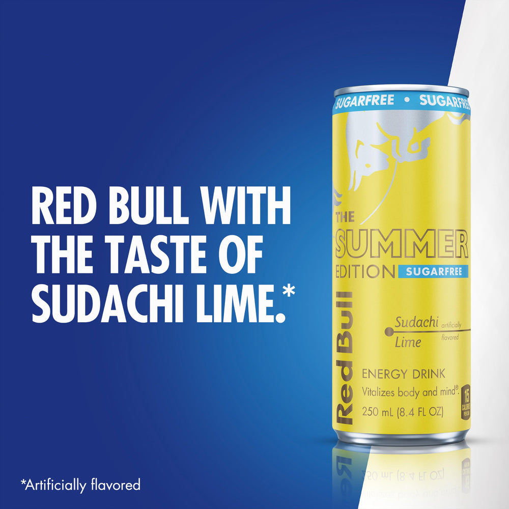 Red Bull sugarfree Sudachi Lime can on a sunny beach towel as a summer lifestyle refreshment