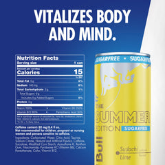 Red Bull sugarfree Sudachi Lime side label close-up showing ingredients and nutritional clarity