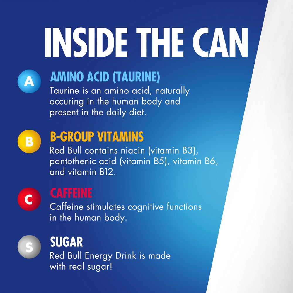 Red Bull Yellow Edition etiqueta con lista de ingredientes y beneficios energéticos