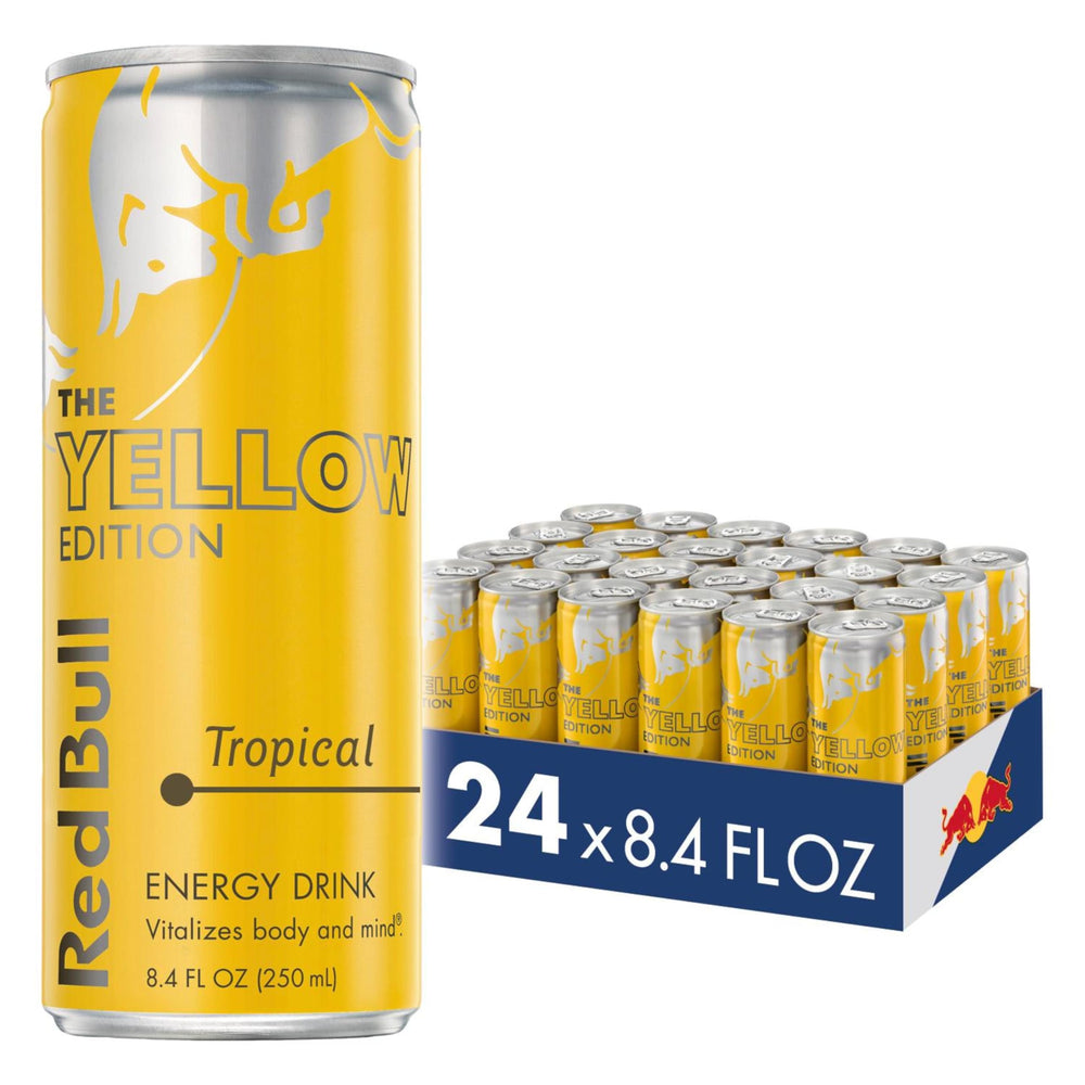 Red Bull lata frontal Yellow Edition mostrando diseño tropical y atractivo
