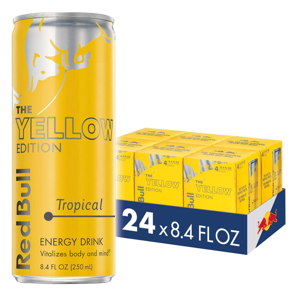 Red Bull Yellow Edition lata frontal mostrando sabor tropical y refresco instantáneo