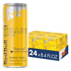 Red Bull Yellow Edition lata frontal mostrando sabor tropical y refresco instantáneo