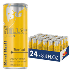 Red Bull lata frontal Yellow Edition mostrando diseño tropical y atractivo