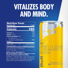 Red Bull Yellow Edition gotas sobre la lata indicando frescura y textura