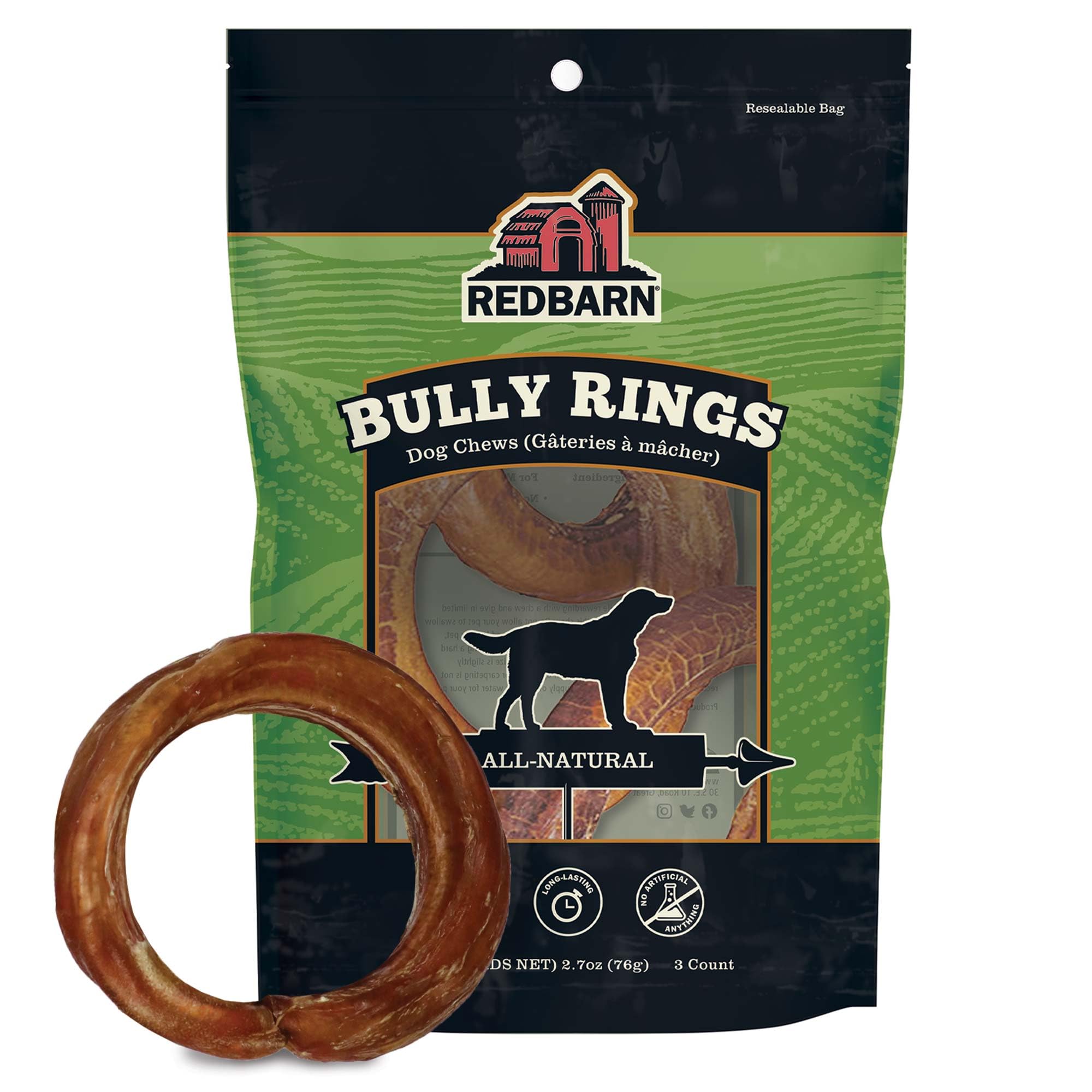 Redbarn front packaging showing three 4-inch bully stick rings and benefits