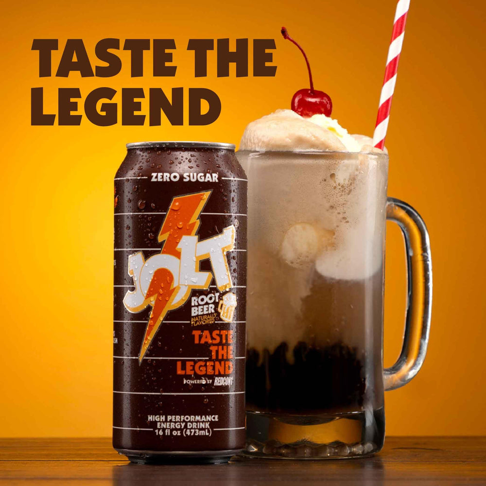 REDCON1 JOLT Root Beer en manos de deportista para energía pre entreno