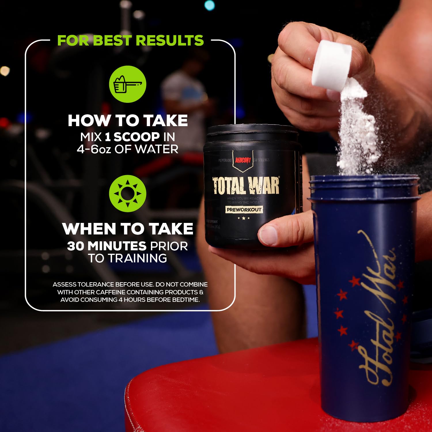 REDCON1 Total War lifestyle gym shot of athlete drinking pre-workout demonstrating energy boost benefit
