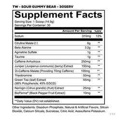 REDCON1 side label with ingredient facts highlighting caffeine and active compounds