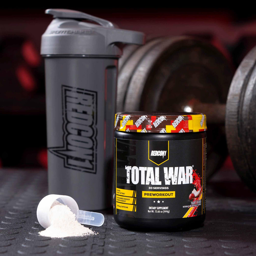 REDCON1 jar next to water bottle to show portable size and workout convenience