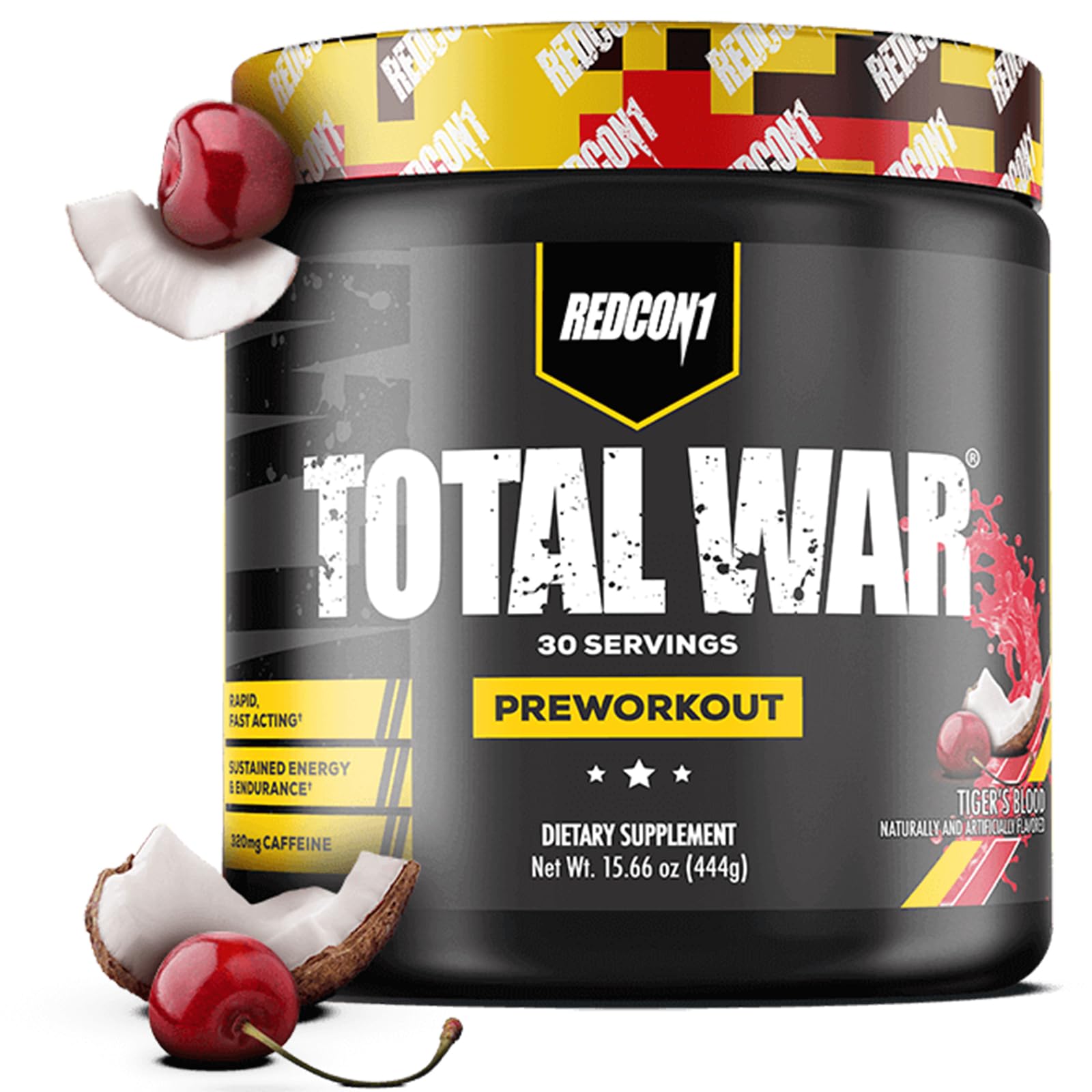 REDCON1 tub front view showing Tiger's Blood flavor and 30 servings, encourages purchase