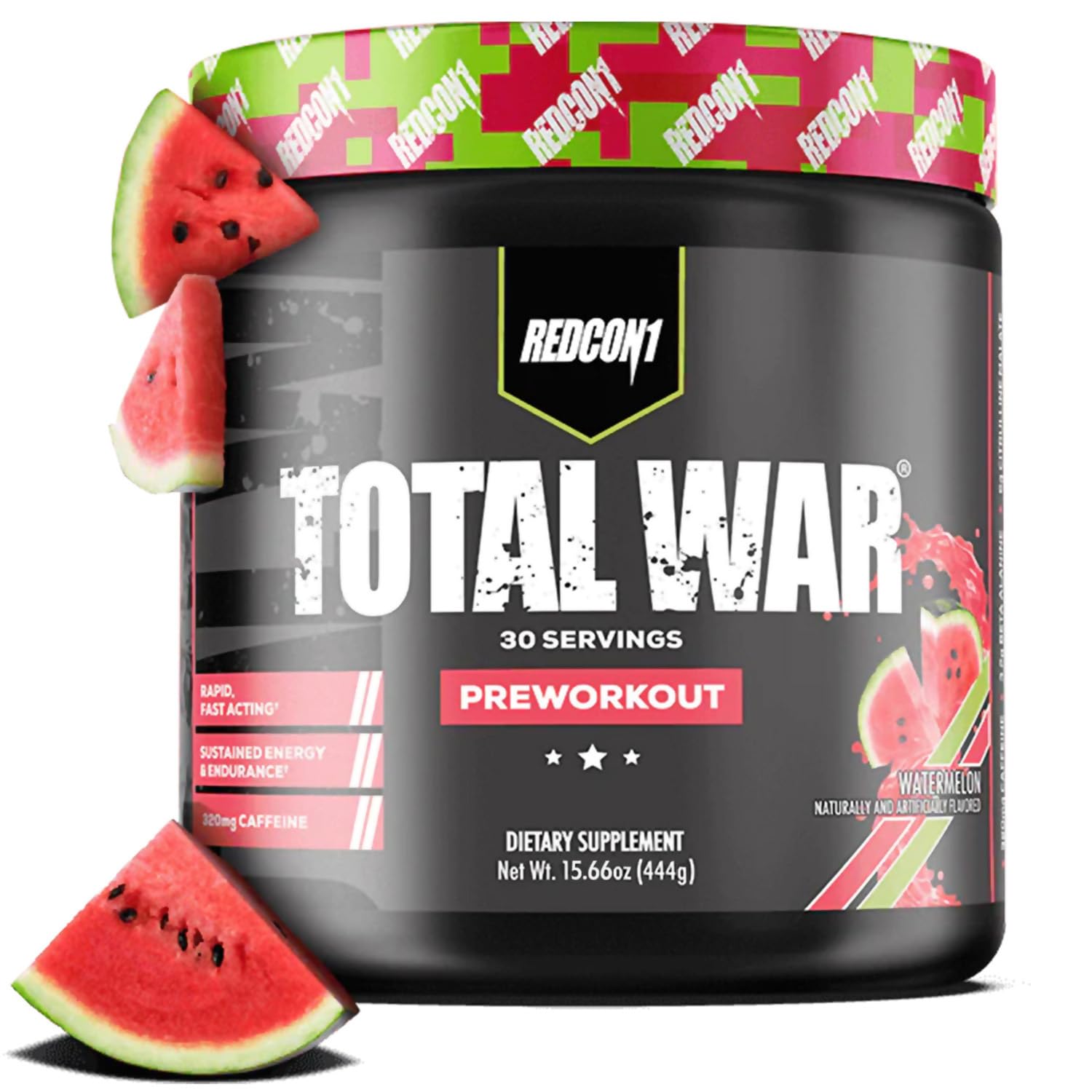 REDCON1 Total War front packaging bottle showing watermelon label and servings benefit