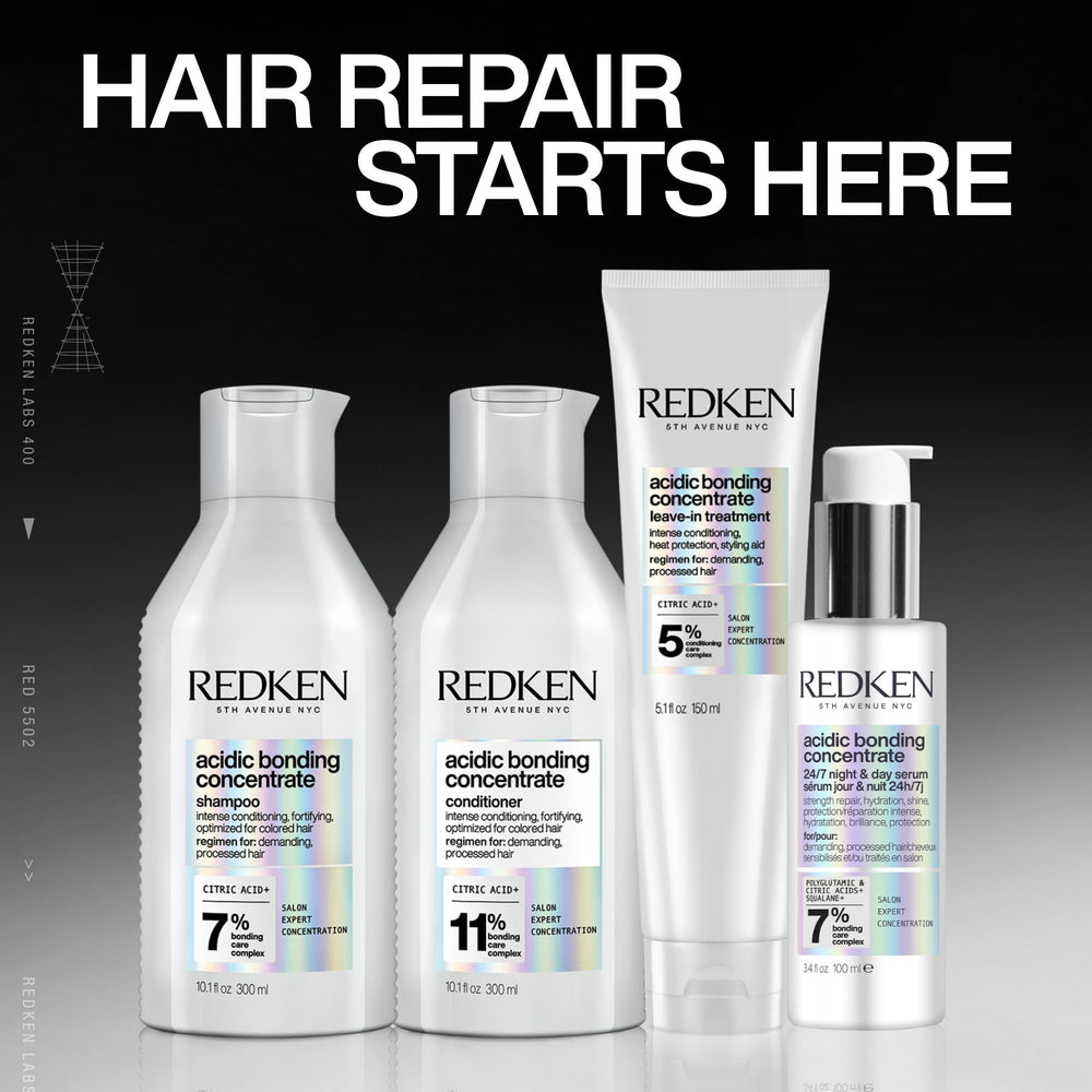 Before and after hair photo with Redken showing improved strength and reduced breakage