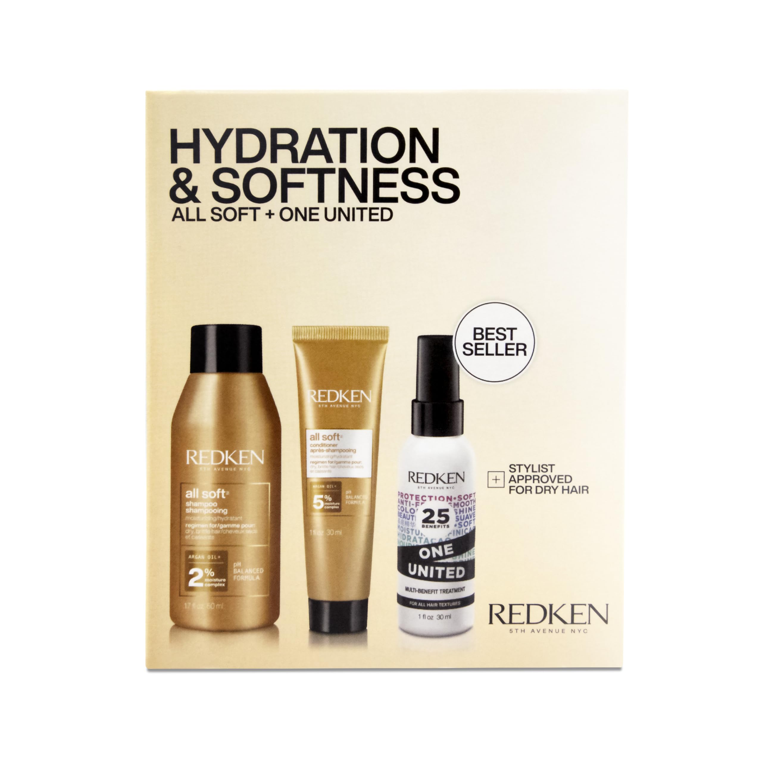 Redken front packaging del set mini mostrando los tres productos y beneficio hidratación