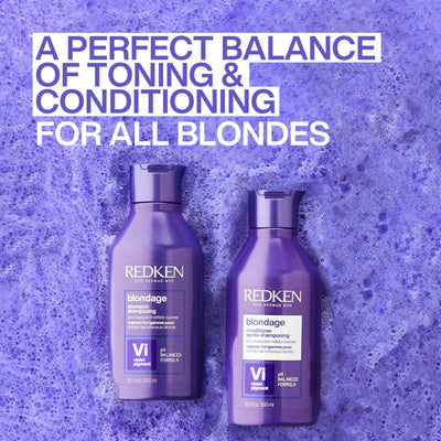 Redken Blondage etiqueta con ingredientes y beneficio de fortalecimiento visible
