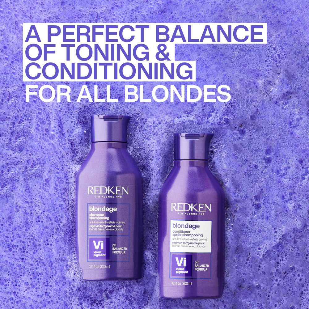 Redken Blondage etiqueta con ingredientes y beneficio de fortalecimiento visible