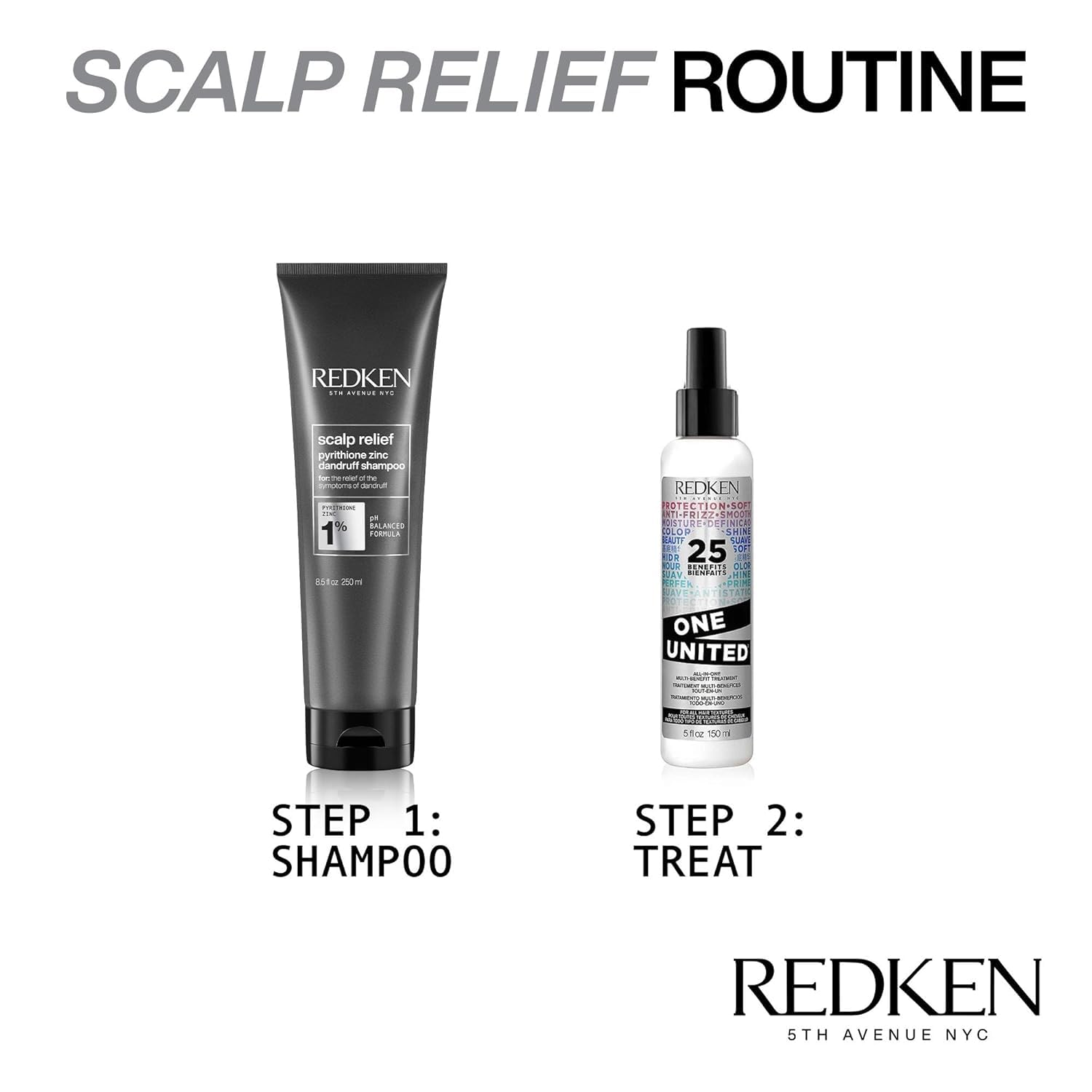 Redken botella al lado de una mano para comparar tamaño y uso cómodo
