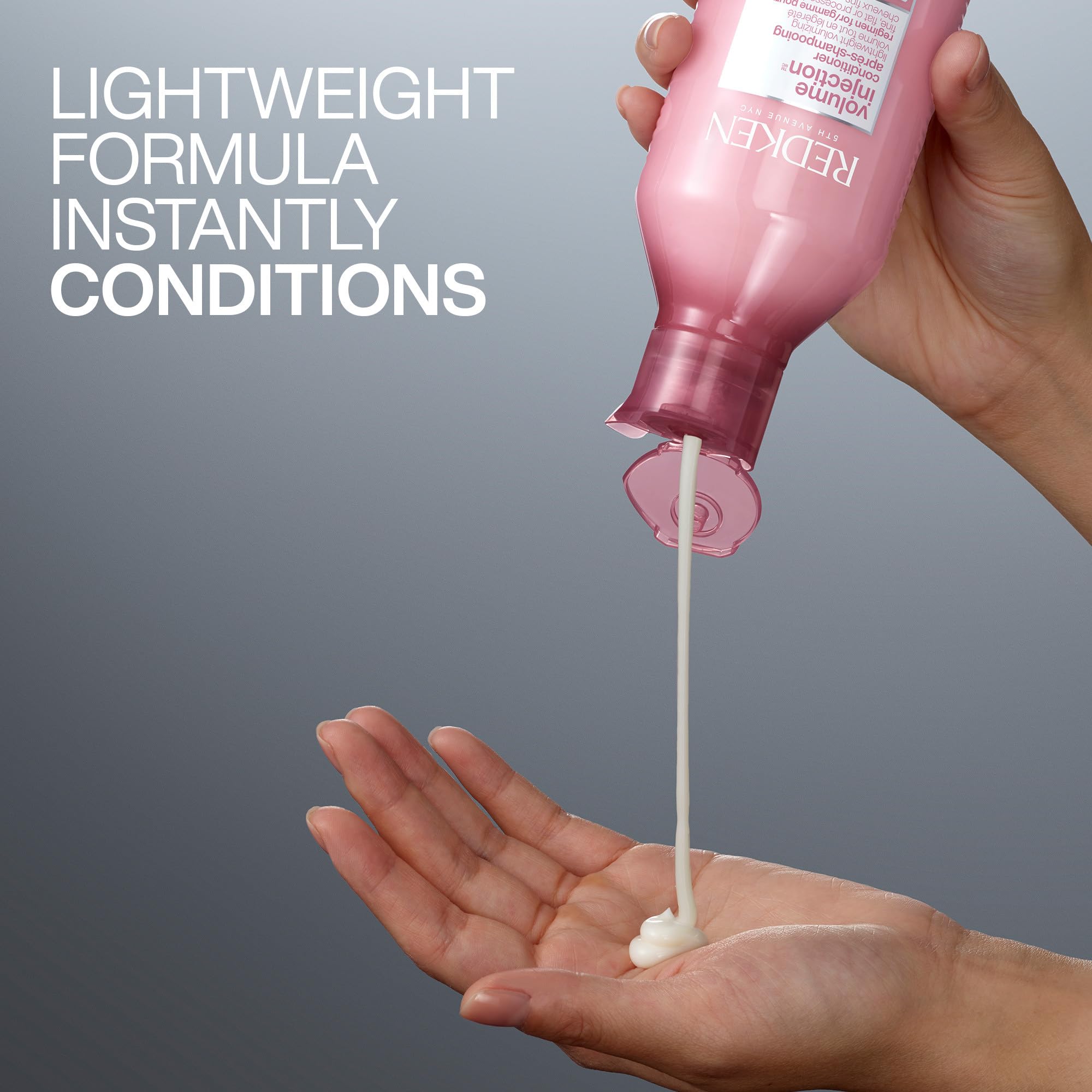 Redken etiqueta con ingredientes clave y beneficios de volumen