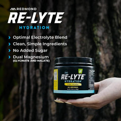 REDMOND etiqueta nutricional Re-Lyte mostrando minerales clave y sin azúcares añadidos