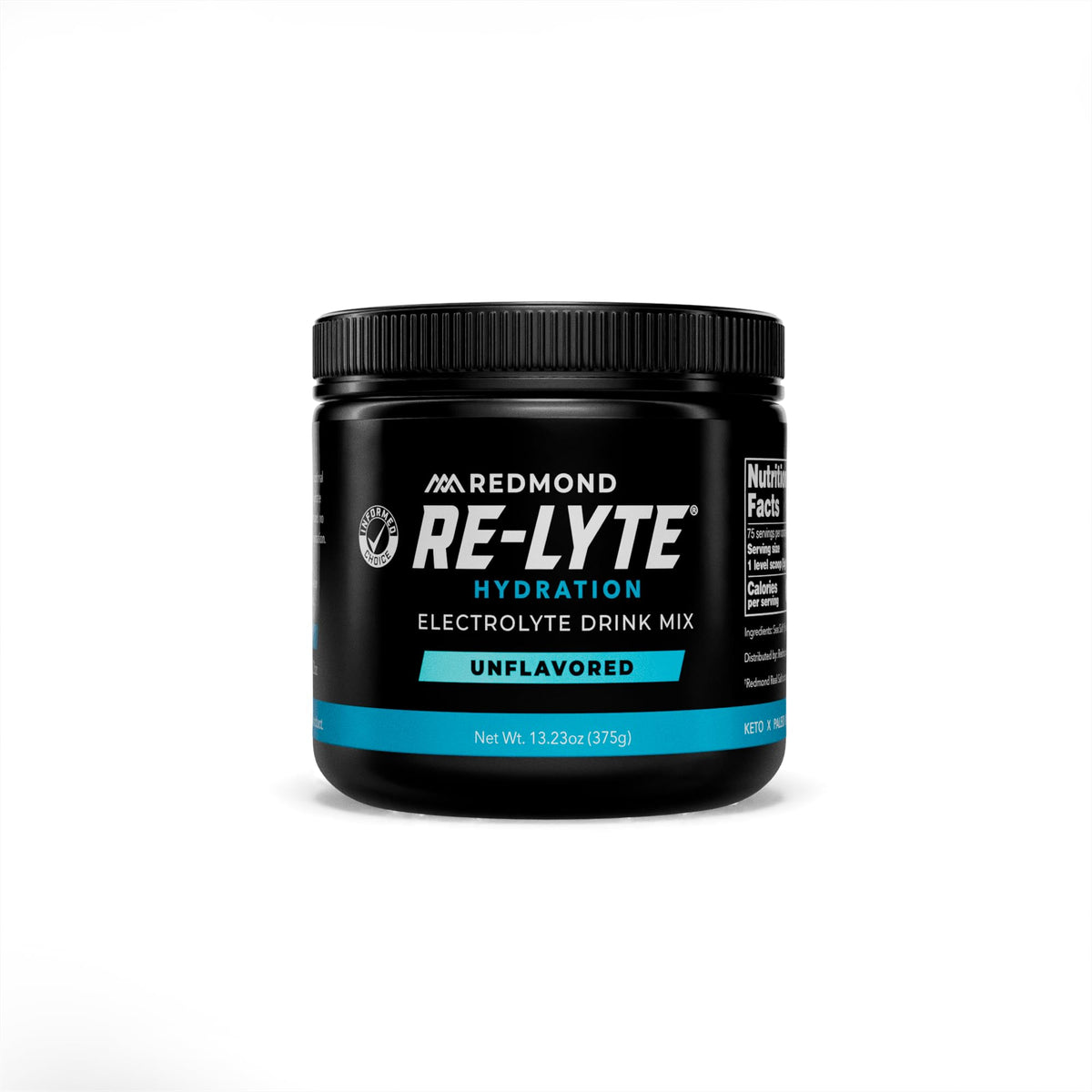 REDMOND envase Re-Lyte sin sabor mostrando diseño y tamaño práctico