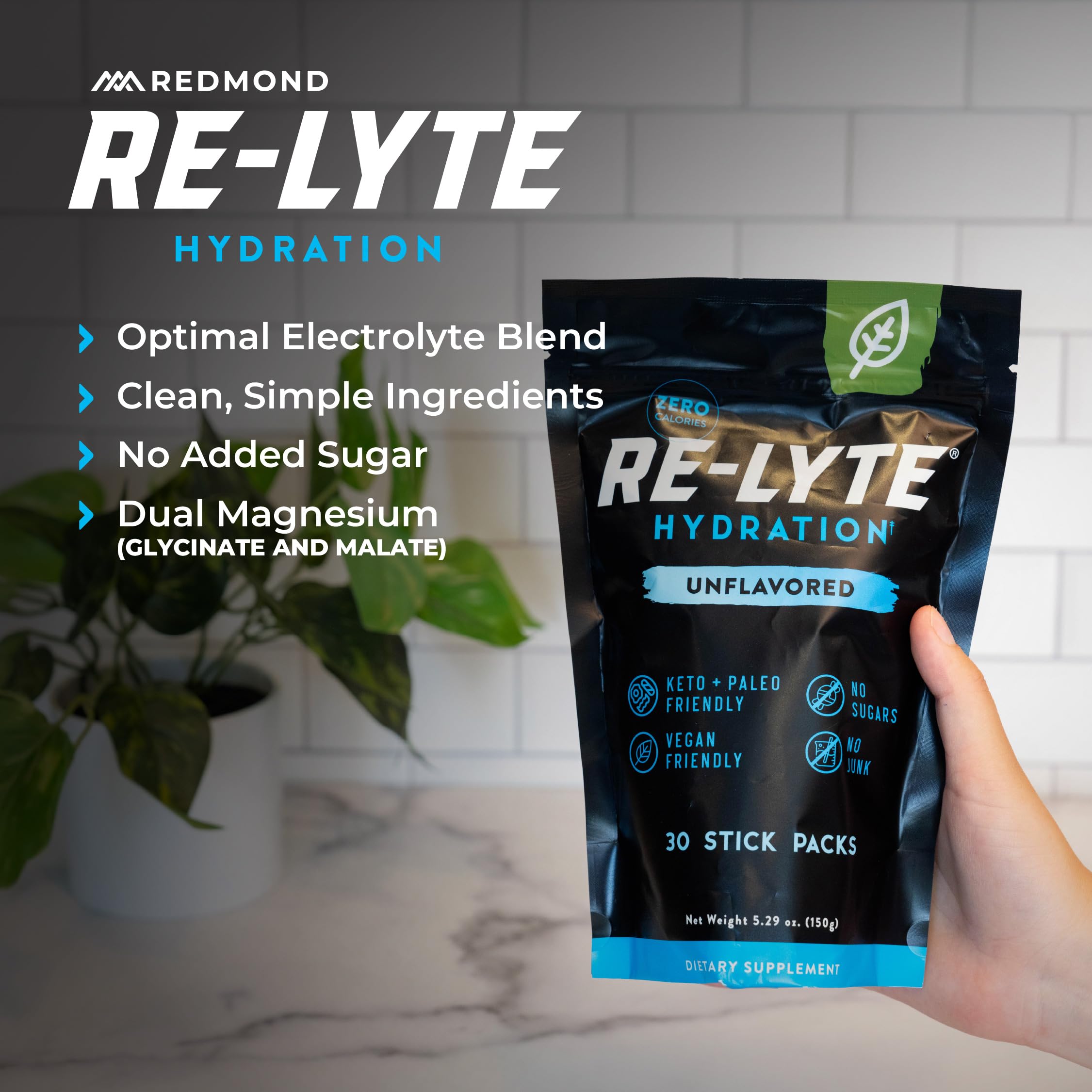 REDMOND packet inserted in workout bottle illustrating on-the-go hydration convenience