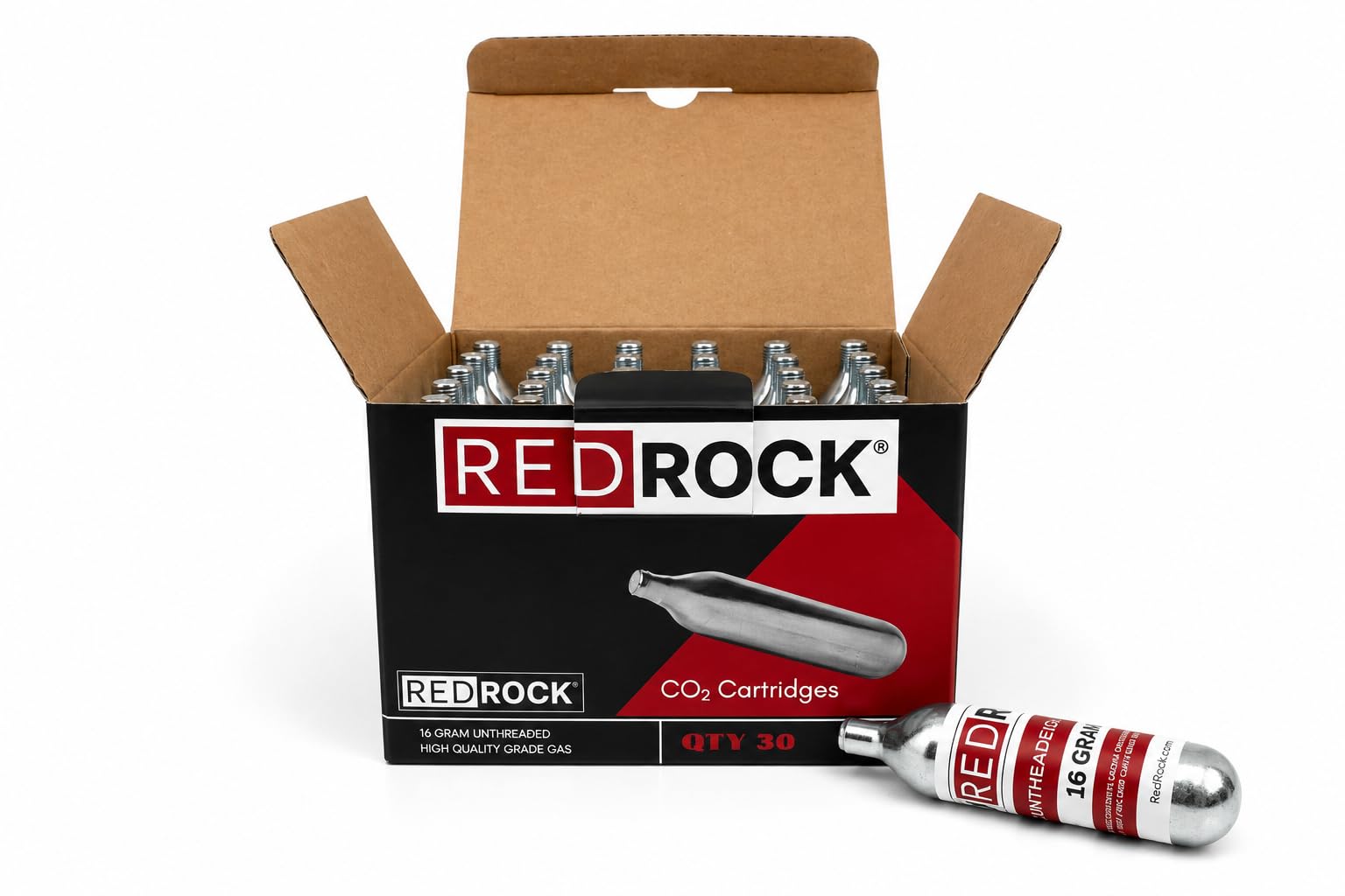 REDROCK cartuchos CO2 16 g pack frontal mostrando 30 unidades y fácil reposición