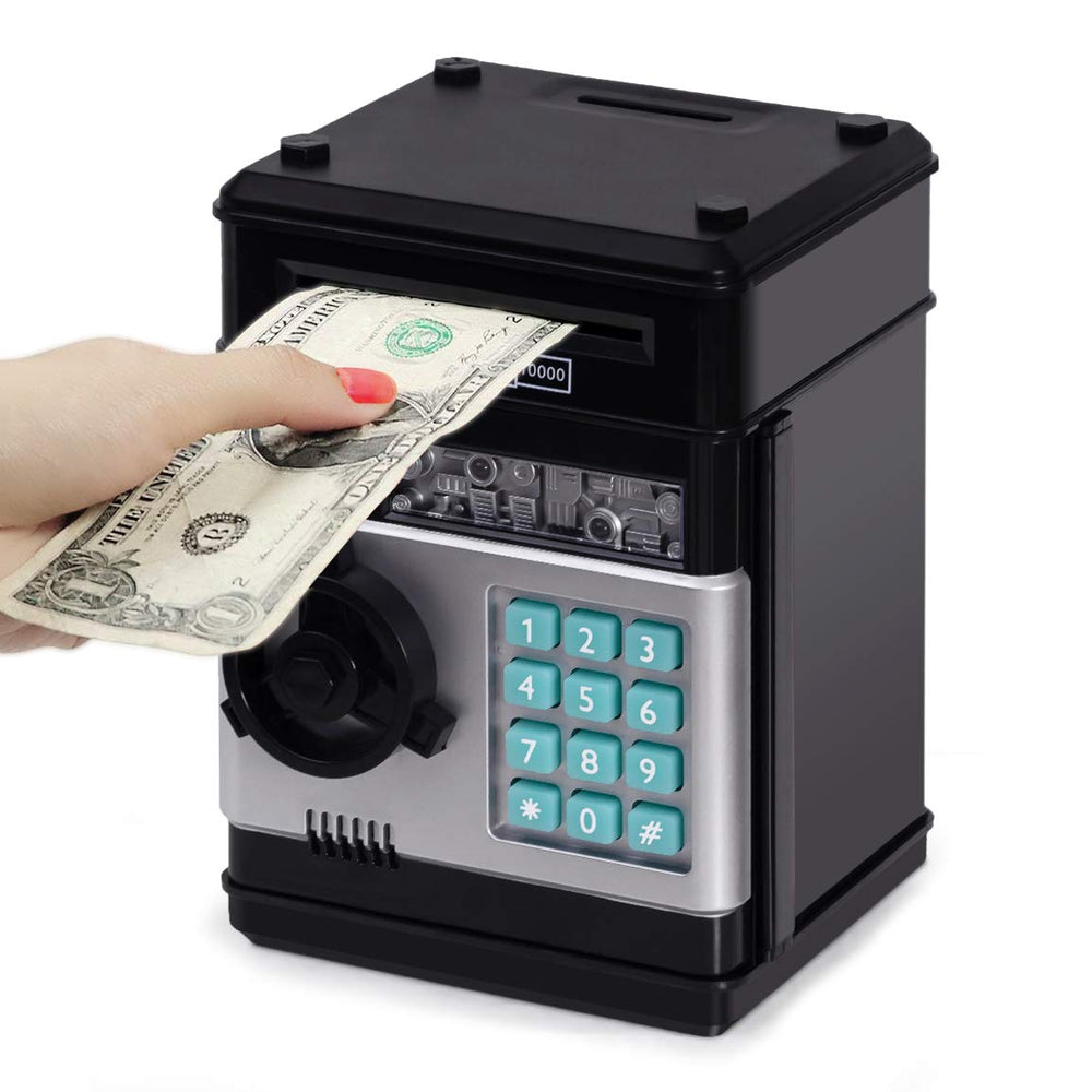 Refasy vista frontal de la alcancía mini ATM mostrando diseño seguro y atractivo