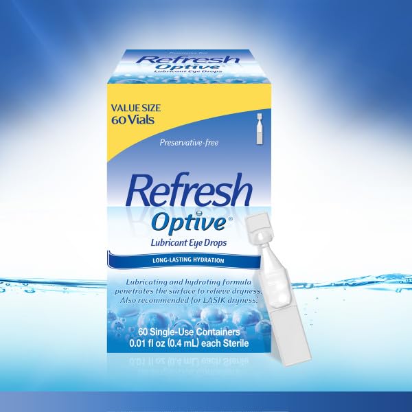 Refresh OPTIVE detalle de vial abierto con gota clara ilustrando textura lubricante