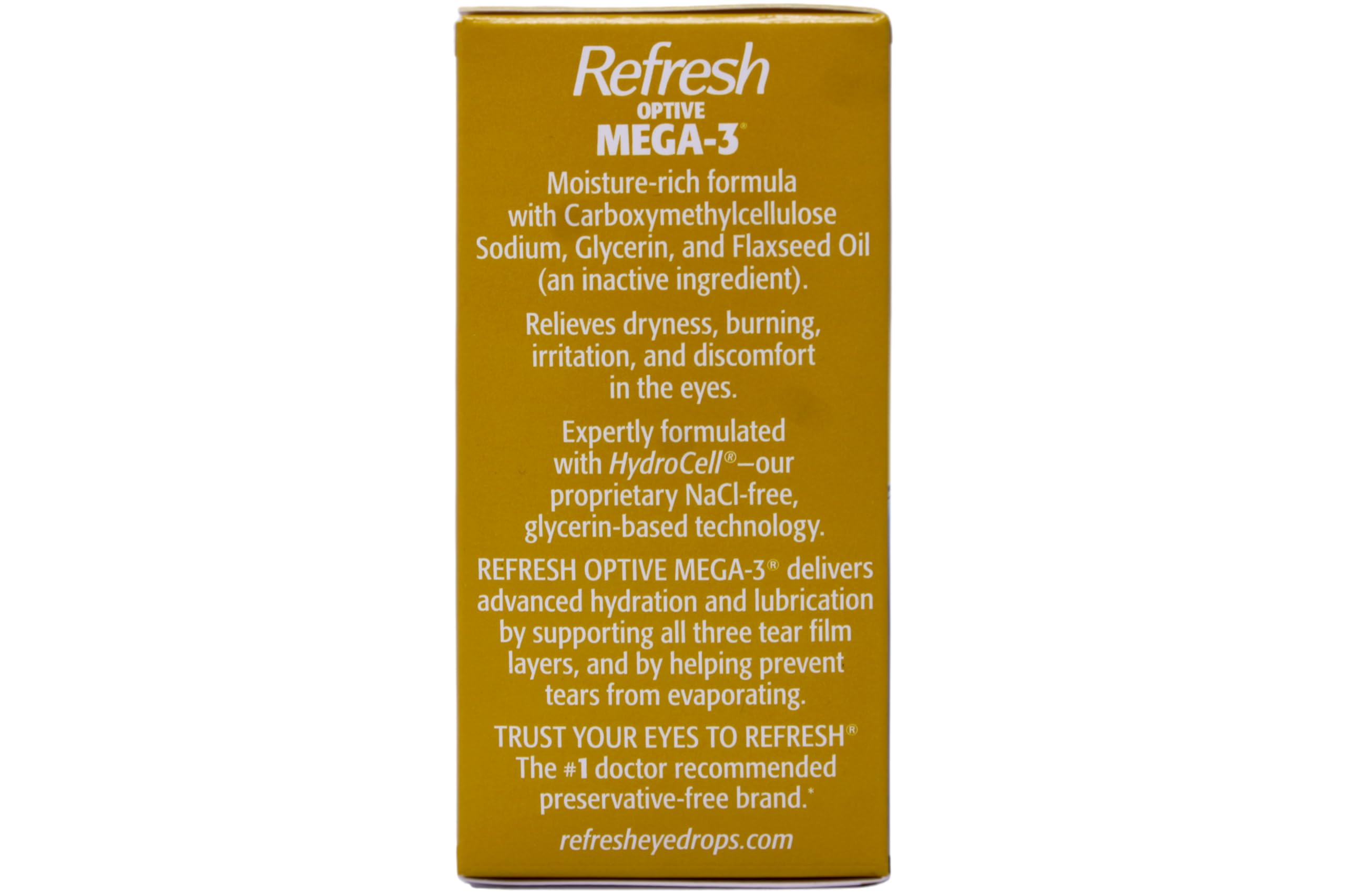 Refresh Optive Mega-3 vial junto a mano para comparar tamaño y portabilidad