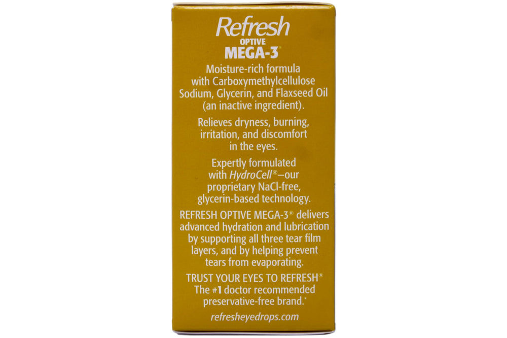 Refresh Optive Mega-3 vial junto a mano para comparar tamaño y portabilidad